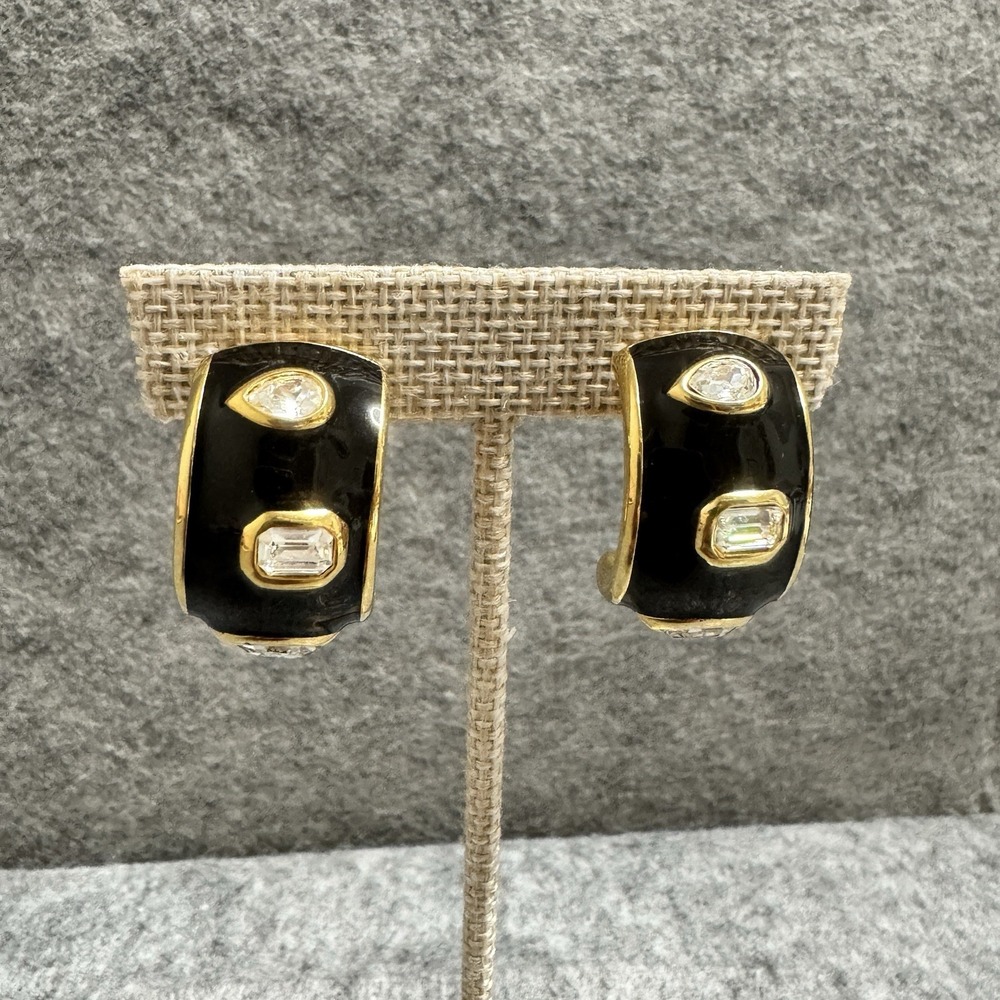 Vtg Swarovski Earrings Clip On Black Enamel Gold Tone Crystal Hoop‎ Event Party